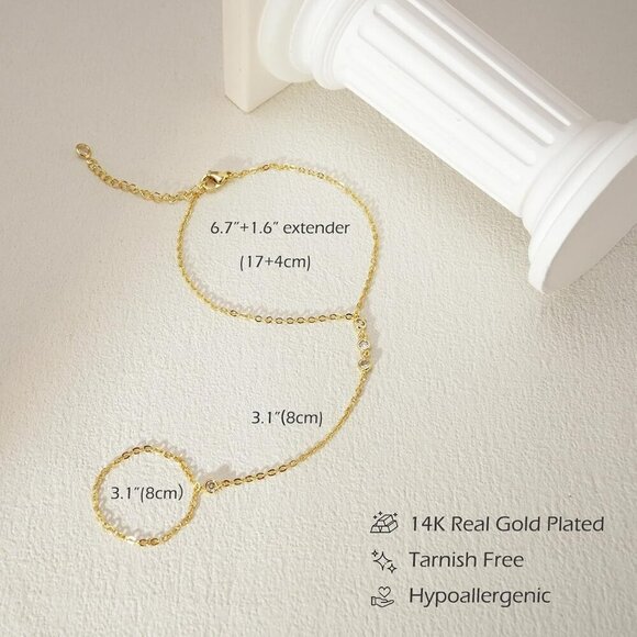 14K Gold Plated GD-round Clover Link Chain Ring Bracelet Hand Chain for Women - Picture 6 of 7